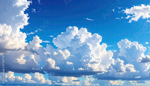 Lush Cumulus Clouds in Azure Sky Scenic Weather Pattern Atmospheric Dreamy Cloudscape Celestial Vista Summer Day Air