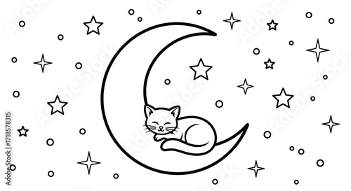 A cat sleeps peacefully curled up on a crescent moon, surrounded by stars and dots.