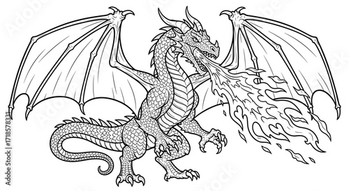 A majestic dragon, wings outstretched, breathes vibrant flames, showcasing intricate scales and horns in a detailed line art illustration.