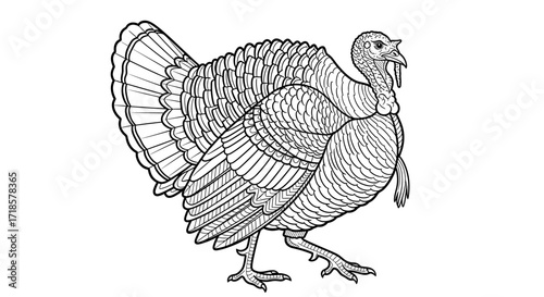 Detailed line drawing of a majestic turkey, showcasing intricate feather detail and a proud stance.