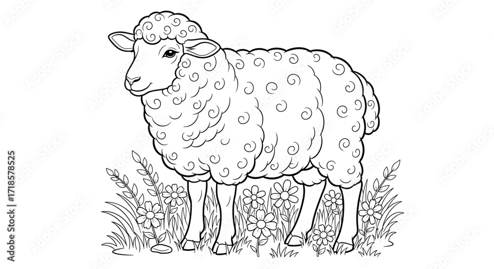 Obraz premium Black and white illustration of a sheep standing in a field of grass and flowers.