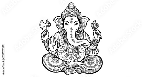 Ornate black and white drawing of the Hindu god Ganesha, seated in a meditative pose, adorned with intricate details.