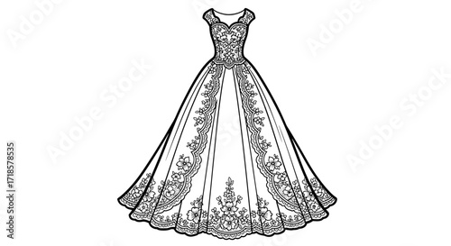 Elegant ballgown design sketch, showcasing intricate lace detailing and a full skirt.