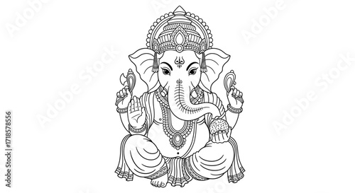 Line art illustration of Ganesha, the Hindu god with an elephant head, seated in a meditative pose.
