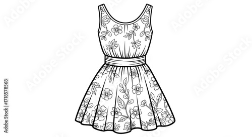 A sleeveless dress with a floral pattern and a cinched waist is presented in a black and white line drawing.