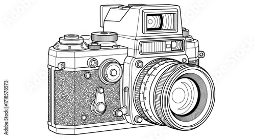 Detailed line drawing of a vintage film camera, showcasing its complex mechanical components.