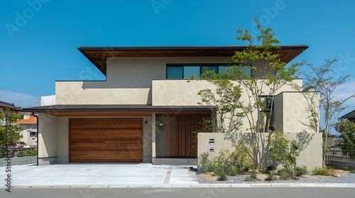 Modern House with a Wooden Garage Door Accent / 木製のガレージドアがアクセントのモダンな家