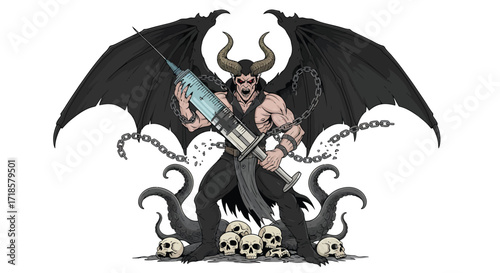 Dark Winged Demon Holding a Syringe Surrounded by Skulls.