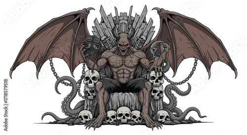 Powerful Demon King Seated on a Throne of Skulls and Tentacles.