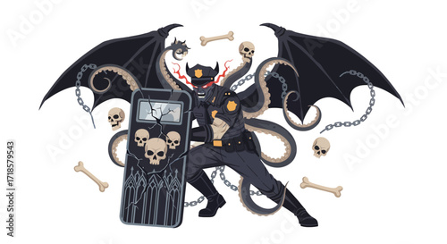 Demonic Officer with Cracked Skull Shield Tentacles and Bat Wings Illustration.