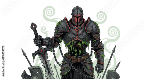 Decaying Knight in Dark Armor with Sword and Shields.