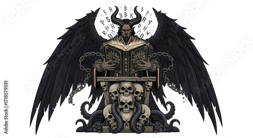 Horned Demon Reading Runes from a Book Atop a Skull and Tentacle Throne.