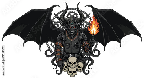 Steampunk Devil with Flaming Torch Gears and Skulls.