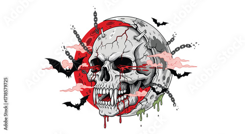 Spooky Skull with Bloodshot Eyes Bats and Chains Against a Red Moon.