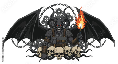 Demonic Fiend with Torch Skulls Wings and Steampunk Gears Design.