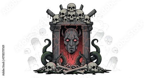 Cracked Stone Altar with Skulls Bones and a RedEyed Demon Face.