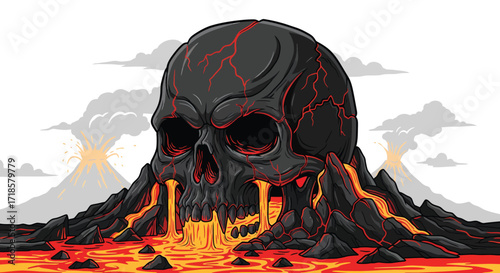 Volcanic Skull A dark skull spewing lava set against a landscape of erupting volcanoes.