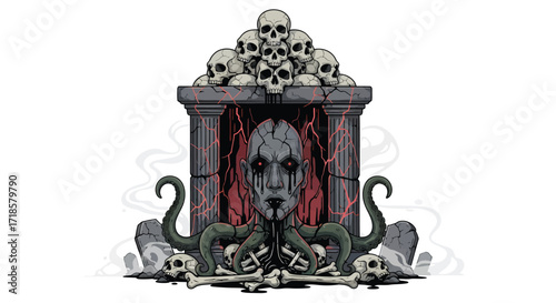 A macabre illustration of a crackedfaced entity with tentacles and skulls.