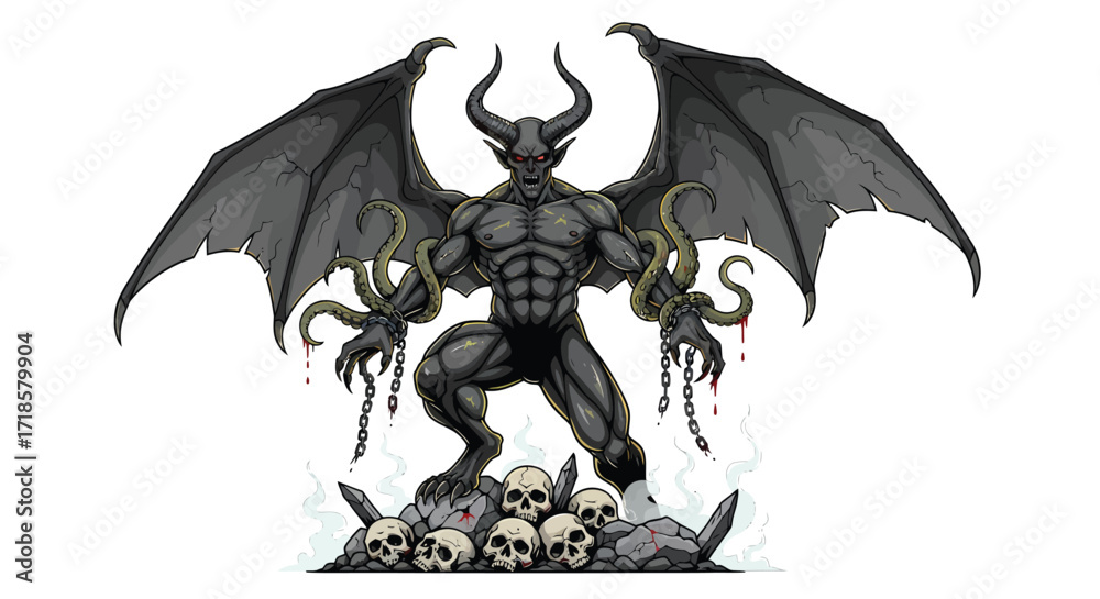Fototapeta premium Muscular Winged Demon with Tentacles and Chains Standing Atop Skulls.