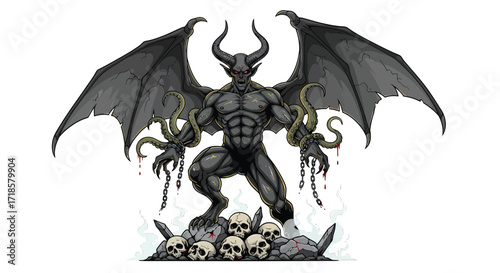 Muscular Winged Demon with Tentacles and Chains Standing Atop Skulls.