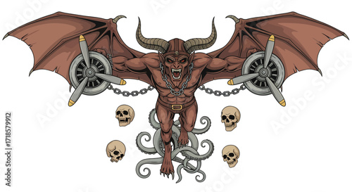 Horned Demon Pilot with Propeller Wings and Tentacle Legs Surrounded by Skulls.
