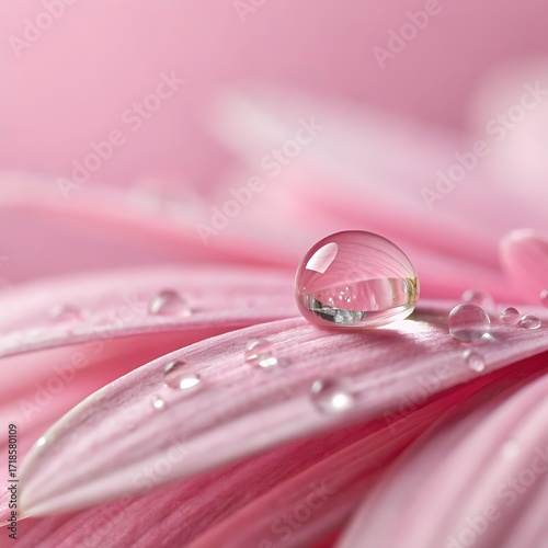 Crystal-clear water droplet resting on a pure pastel pink surface, fresh minimal nature wallpaper concept for clean design, hydration symbol, and soft elegant abstract natural background style.