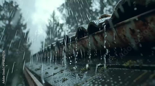 Rain falling on rooftop with gutter overflow during stormy weather  
