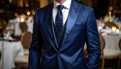 Debonair gentleman lapels upscale jacket dinner silk gathering social midnight blue