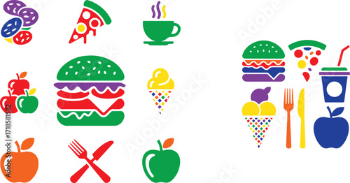 Colorful food and drink icons pizza burger