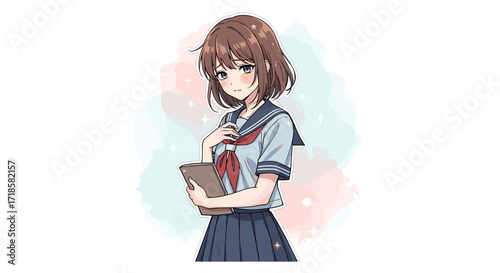 Anime girl in school uniform holding a tablet