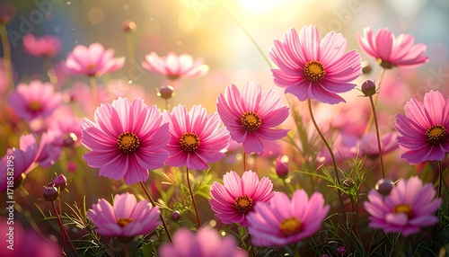 Pink cosmos flowers in a field at sunset