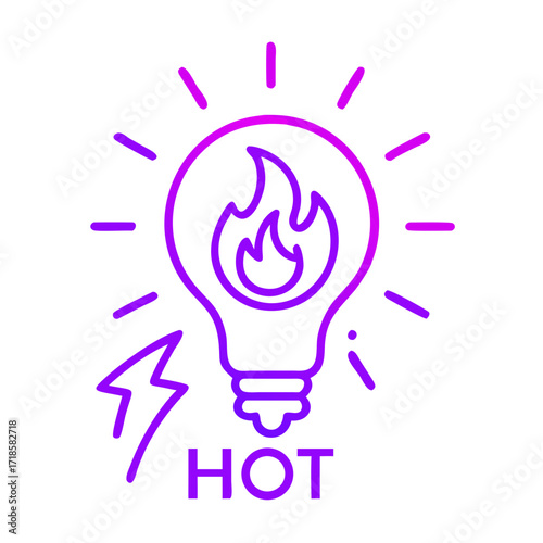 A stylized illustration of a light bulb containing a fire and a lightning bolt, symbolizing a hot idea or concept