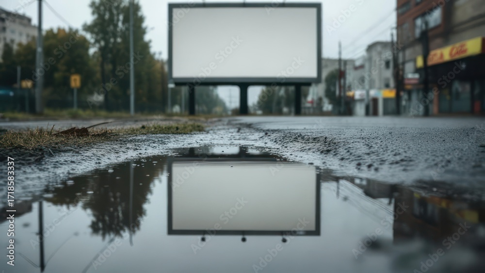 Obraz premium Blank billboard reflected in a puddle on a city street