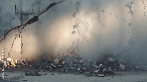 Cracked wall debris on the ground with darkened surface texture - Concept of blackened wall after explosion  