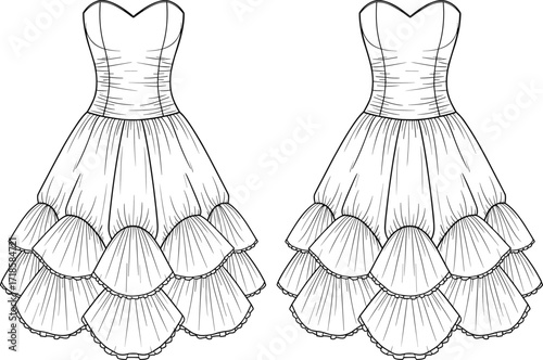 CAD drawing flat vector illustration of elegant strapless layered dress fashion technical sketch, front and back view clothing design template