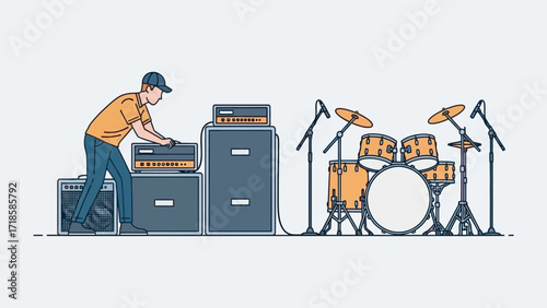Musician setting up sound equipment and drums for a live performance, preparing for a concert, focusing on stage setup and audio engineering, getting ready