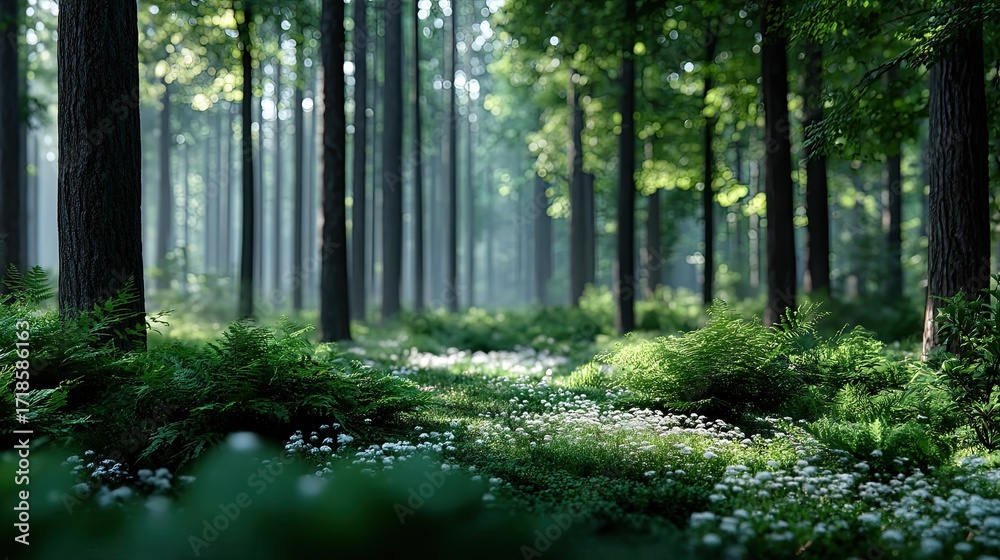 Obraz premium Lush Forest Floor with Greenery and Sunlight Bokeh Effects in a Serene Woodlands Ambiance