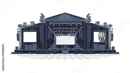 Illustration of an empty concert stage, perfect for music events, with stage lighting, side screens, and equipment. A venue ready for performance, entertainment, and audience enjoyment