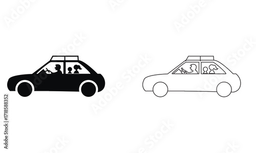 Carpool icon with Family inside vehicle. Minimalist icon illustration showing a car with multiple passengers, representing carpooling, ride sharing, group travel, or transportation concept.
