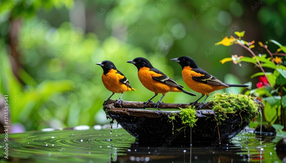 Obraz premium Three vibrant orange and black birds rest gracefully on a water fountain, bathed in lush greenery.