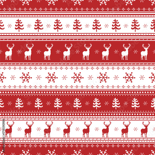 Christmas Sweater Pattern with Deer, Fir Trees, Snowflakes. Seamless Striped Print. Christmas Background with Winter Elements. Merry Christmas, Happy New Year Design. Vector illustration in Red, White