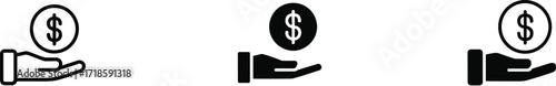 Hand holding dollar icons, financial transaction symbols, donation and payment graphic, black and white design, money exchange vector, economic gesture illustration
