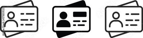 ID card icons, personal profile silhouettes, black and white design, user identification vector, document layout graphic, stacked card illustration, isolated identity symbols