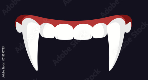 Illustration of prominent vampire fangs and gums with a dark background, suitable for Halloween themes