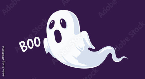 Boo! Spooky Ghost Cartoon Floating with Surprise on Purple Background
