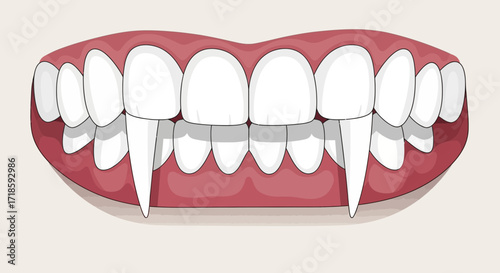 Close-up illustration of a human mouth with prominent canine teeth, reminiscent of a vampire or monster, against a neutral background