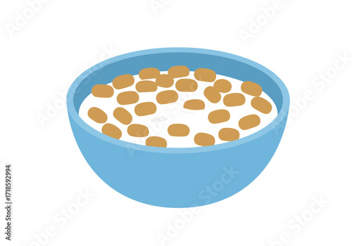 A blue bowl filled with a white liquid and tan rounded objects
