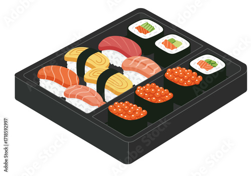 A black bento box holds various types of sushi including nigiri gunkan and maki