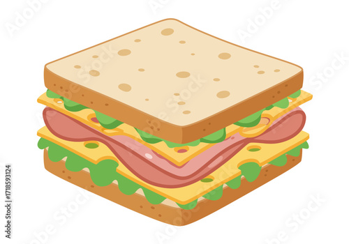 A cartoonstyle sandwich with bread cheese ham and lettuce stacked in an isometric view