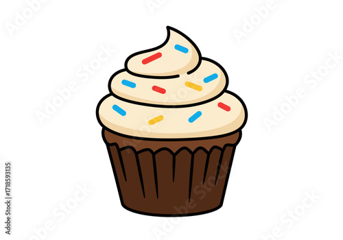 A cupcake with beige frosting and colored sprinkles atop a brown wrapper